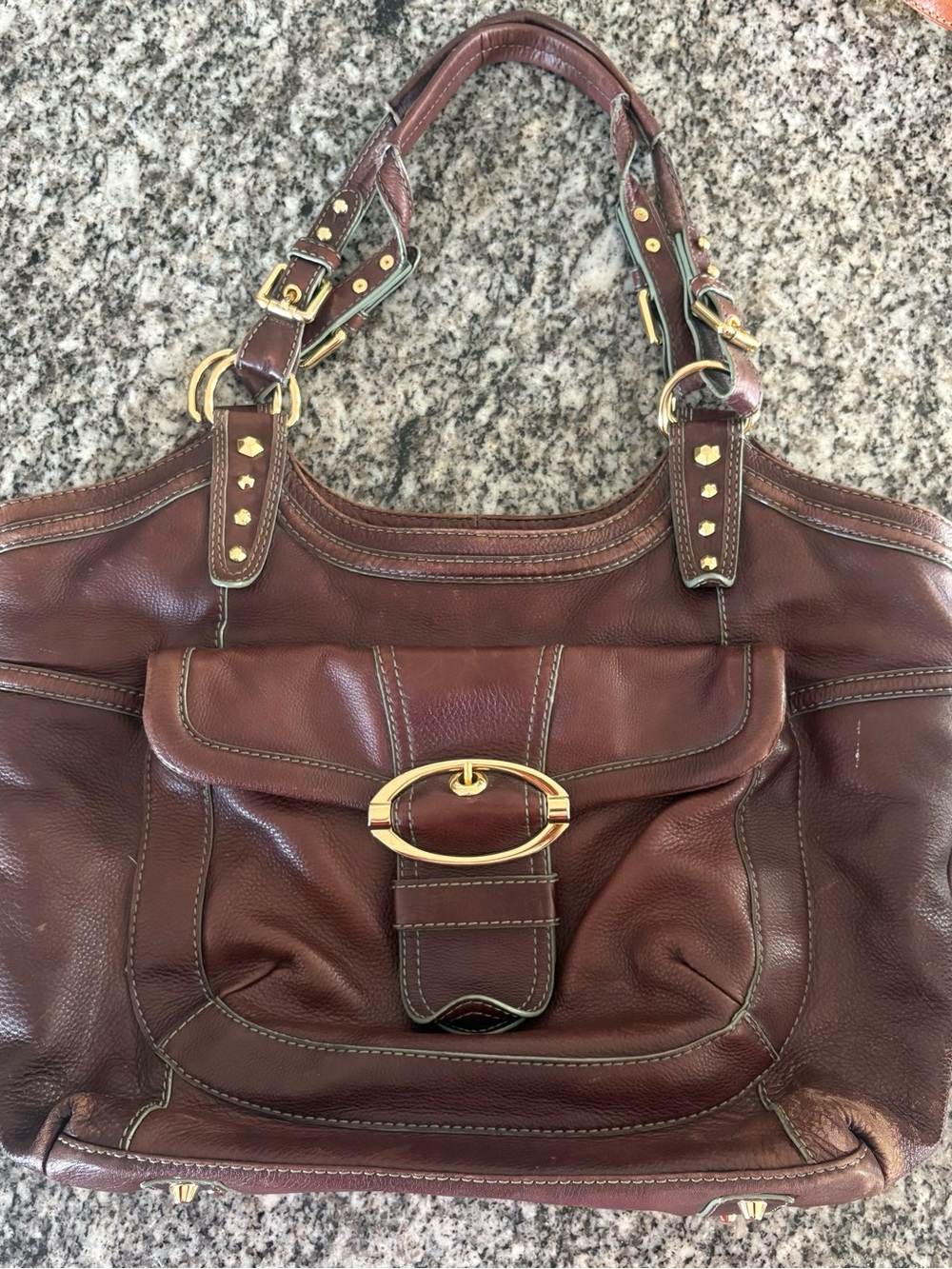 Women's ORVANY Brown Leather Shoulder Bag with Gold Hardware